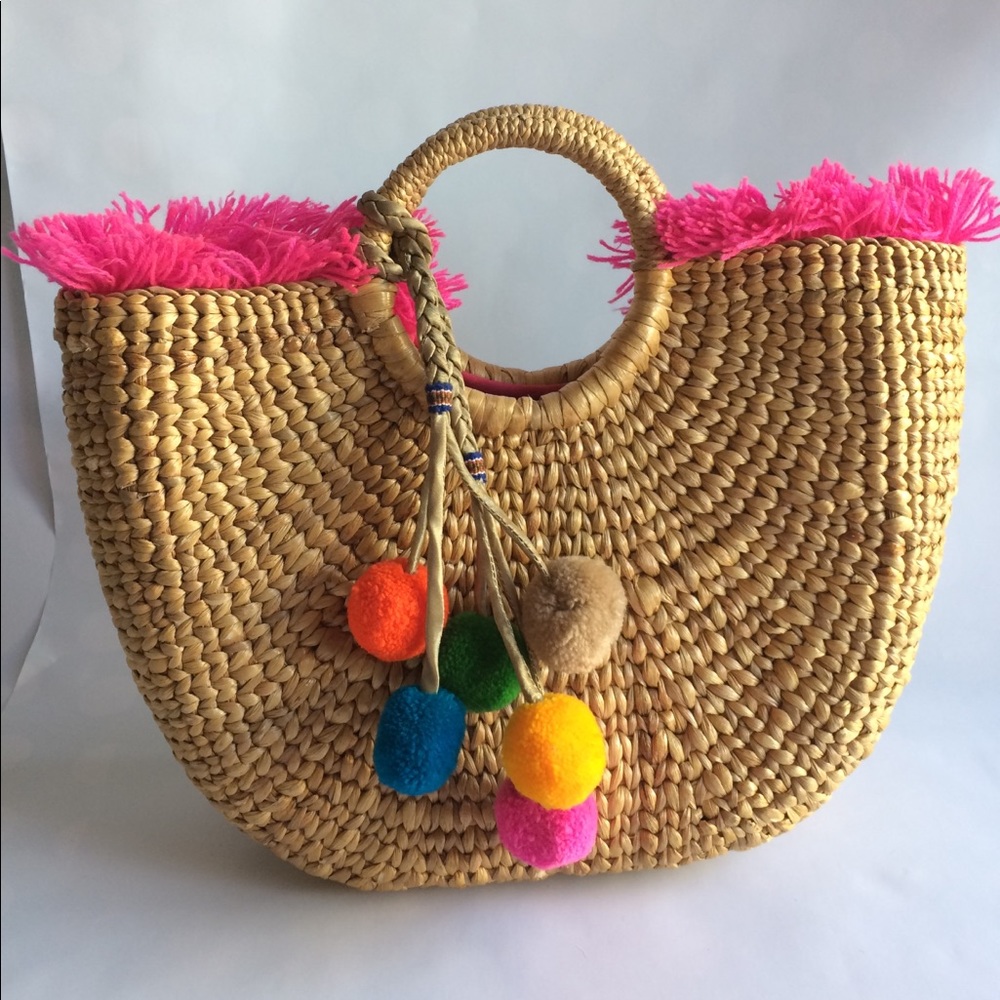 Thai Grass Tote with PomPoms - lined